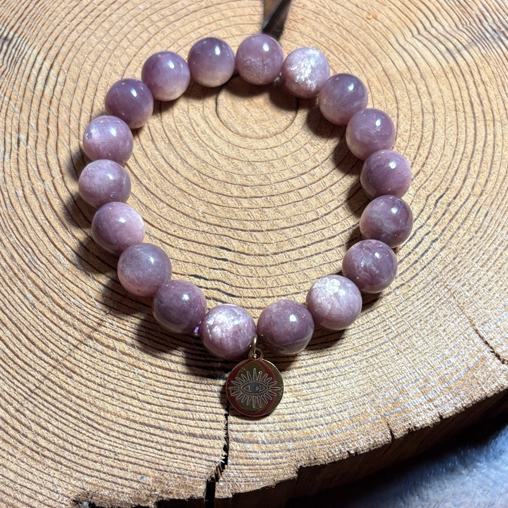 Lepidiolite 9-10mm Beaded Bracelet with Charm